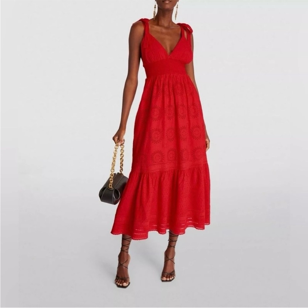 Alice + Olivia Levine Broderie-Anglaise Cotton Linen Maxi Dress Bright Poppy Red